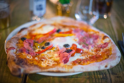 High angle view of pizza on table