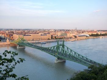 Bridge over river with buildings in background