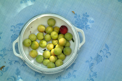 High angle view of fruits in bowl on table