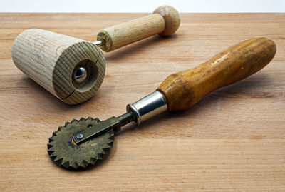 High angle view of work tools on table