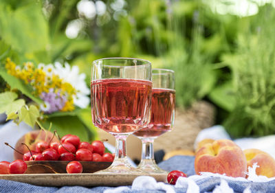 Picnic outdoors in lavender fields. rose wine in a glass, cherries and straw hat on blanket