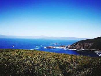 Scenic view of sea against clear blue sky