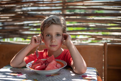 Portrait of boy holding ice cream on table