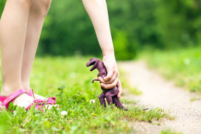 Little girl playing with the plastic dinosaur toy in spring park