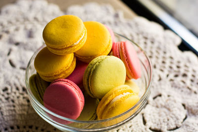 Close-up of macaroons in bowl