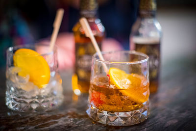 Close-up of beer glass on table