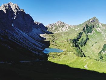 Scenic view of snowcapped mountains against clear blue sky