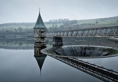 Bridge over river by building against sky