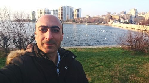 Portrait of man in city