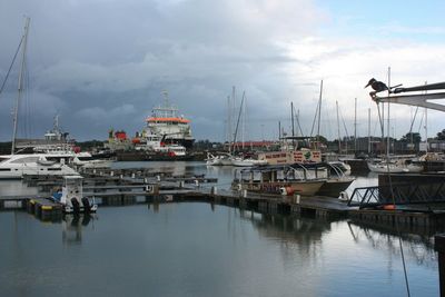 Boats moored at harbor against sky