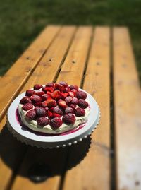 High angle view of strawberries on table