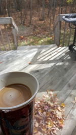 High angle view of coffee cup on table