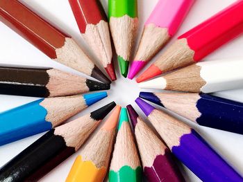 Close-up of multi colored pencils against white background