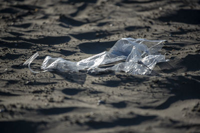 High angle view of garbage on sand