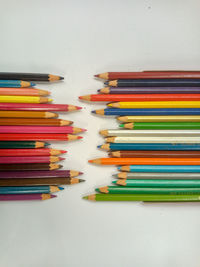 Close-up of multi colored pencils on table