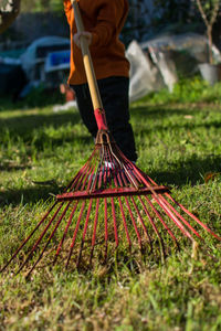 Low section of boy cleaning yard