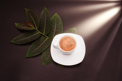 High angle view of coffee and leaves on table