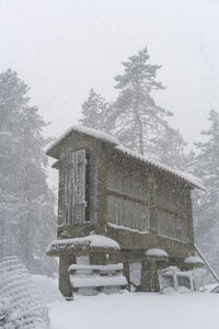 Built structure on snow covered house against clear sky