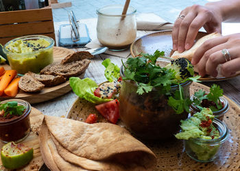 High angle view of food on table