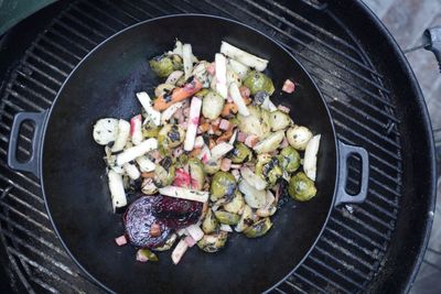 High angle view of vegetables in wok