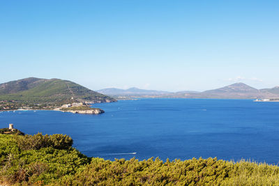 Scenic view of bay against clear blue sky