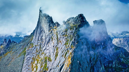 Panoramic view of rocky mountains against sky,shiveluch