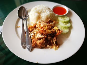 High angle view of food in plate on table