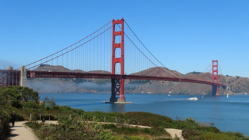 Suspension bridge over sea against clear sky