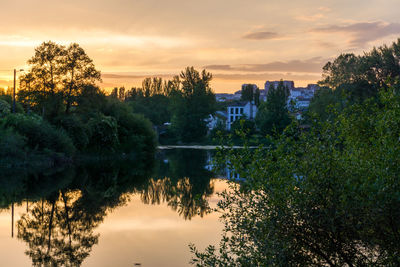 Reflection of trees in lake against sky during sunset