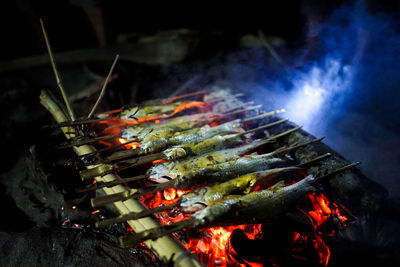 High angle view of meat on barbecue grill