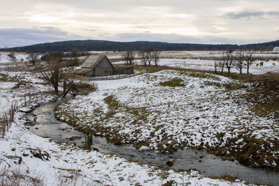 Scenic view of landscape against sky during winter