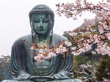 Close-up of statue by tree against sky