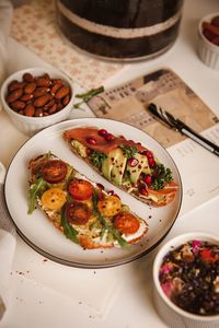 High angle view of food served on table