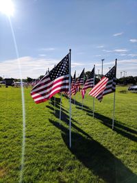 American flags on field against sky