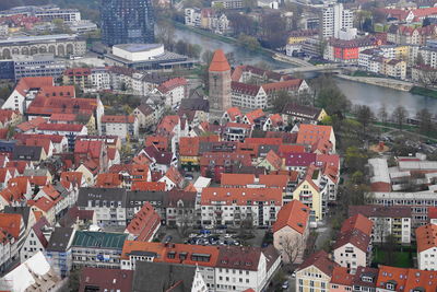 High angle view of buildings in city