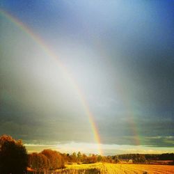 Rainbow over landscape against sky