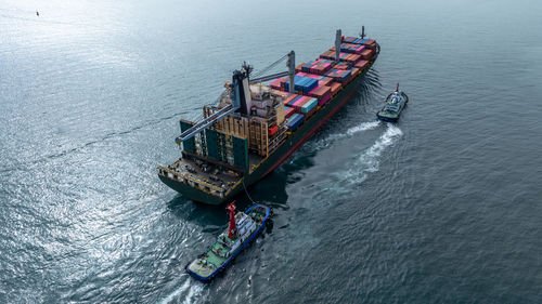 High angle view of ship in sea