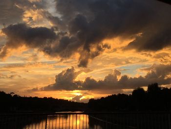 Scenic view of lake against orange sky