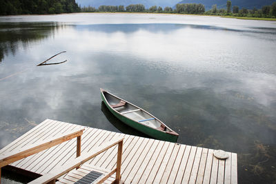 High angle view of boat moored in lake