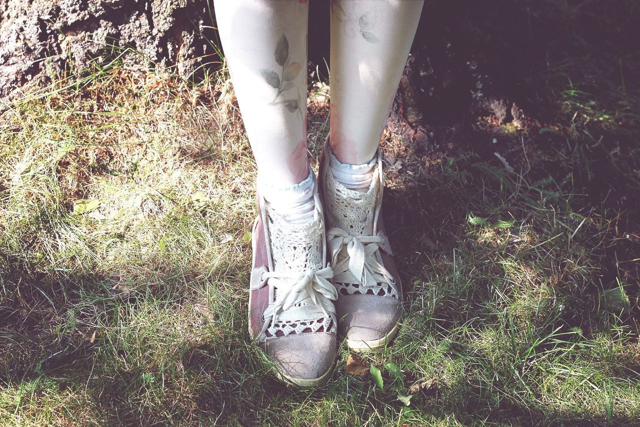 low section, person, shoe, high angle view, footwear, human foot, part of, day, plant, sunlight, outdoors, standing, growth, shadow, grass, close-up, tree