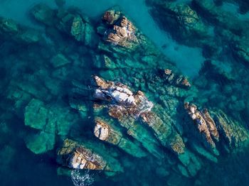 High angle view of rock formations in sea