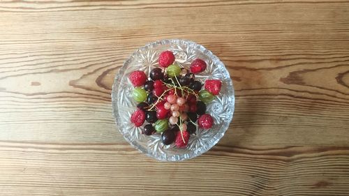 High angle view of fruit salad on table