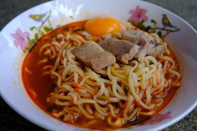 Close-up of noodles served in bowl