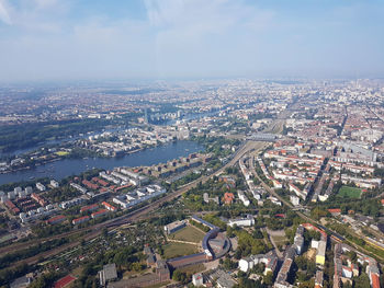 High angle view of buildings against sky