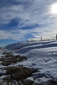 Snow covered field against sky on sunny day