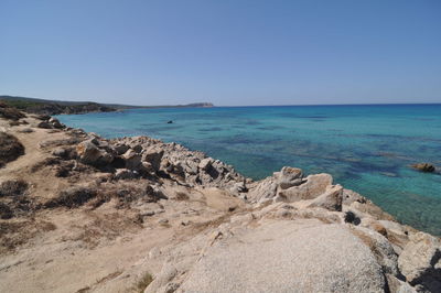 Scenic view of sea against clear blue sky