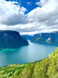 Scenic view of lake by mountains against sky