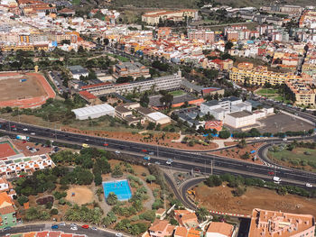 High angle view of buildings in city