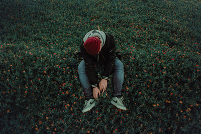 High angle view of child on field