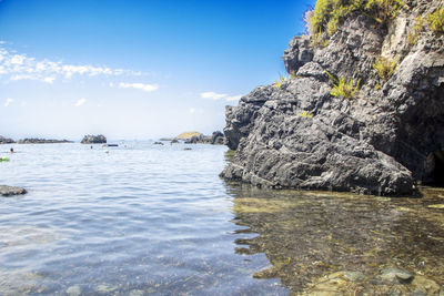 Rocks on sea shore against sky